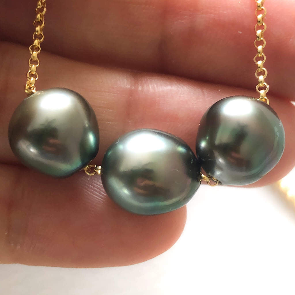 Genuine Cultured Pearl Necklace - Triple Tahitian