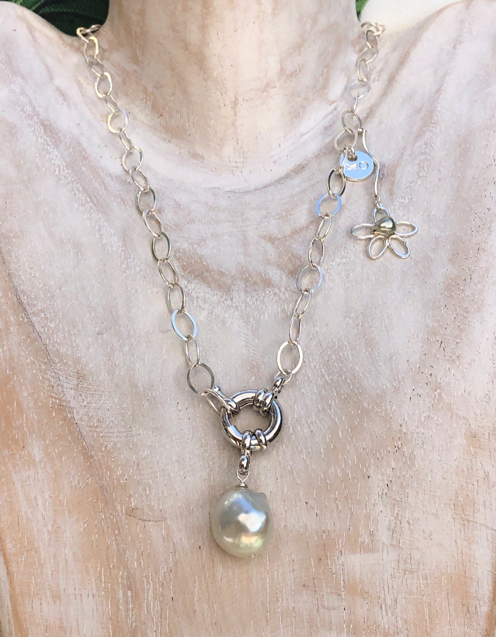 Silver South Sea Pearl Wide Chain Necklace