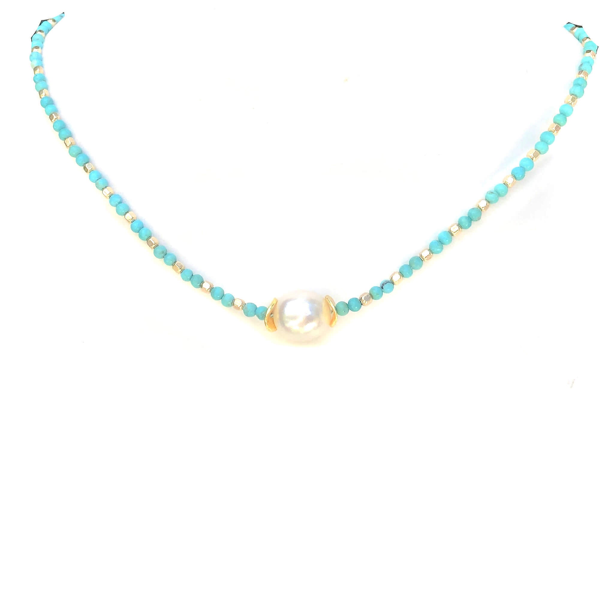 Turquoise Blue Beaded Necklace With White South Sea Cultured Pearl
