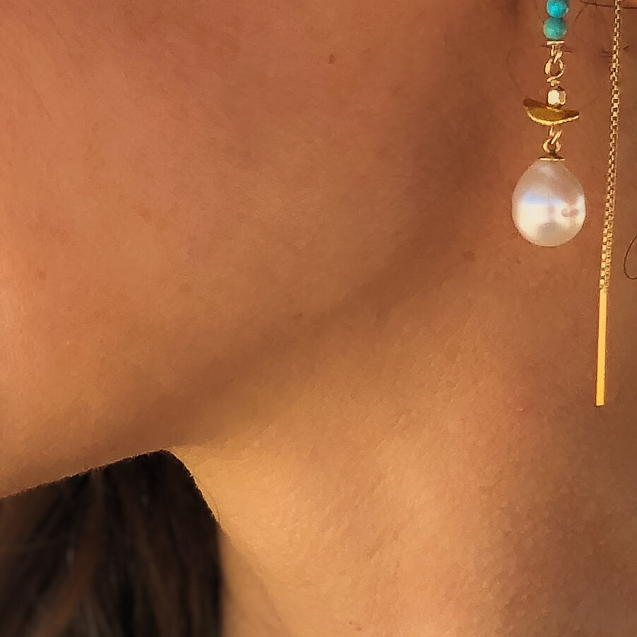 White Pearl Drop Earrings With Turquoise Beads