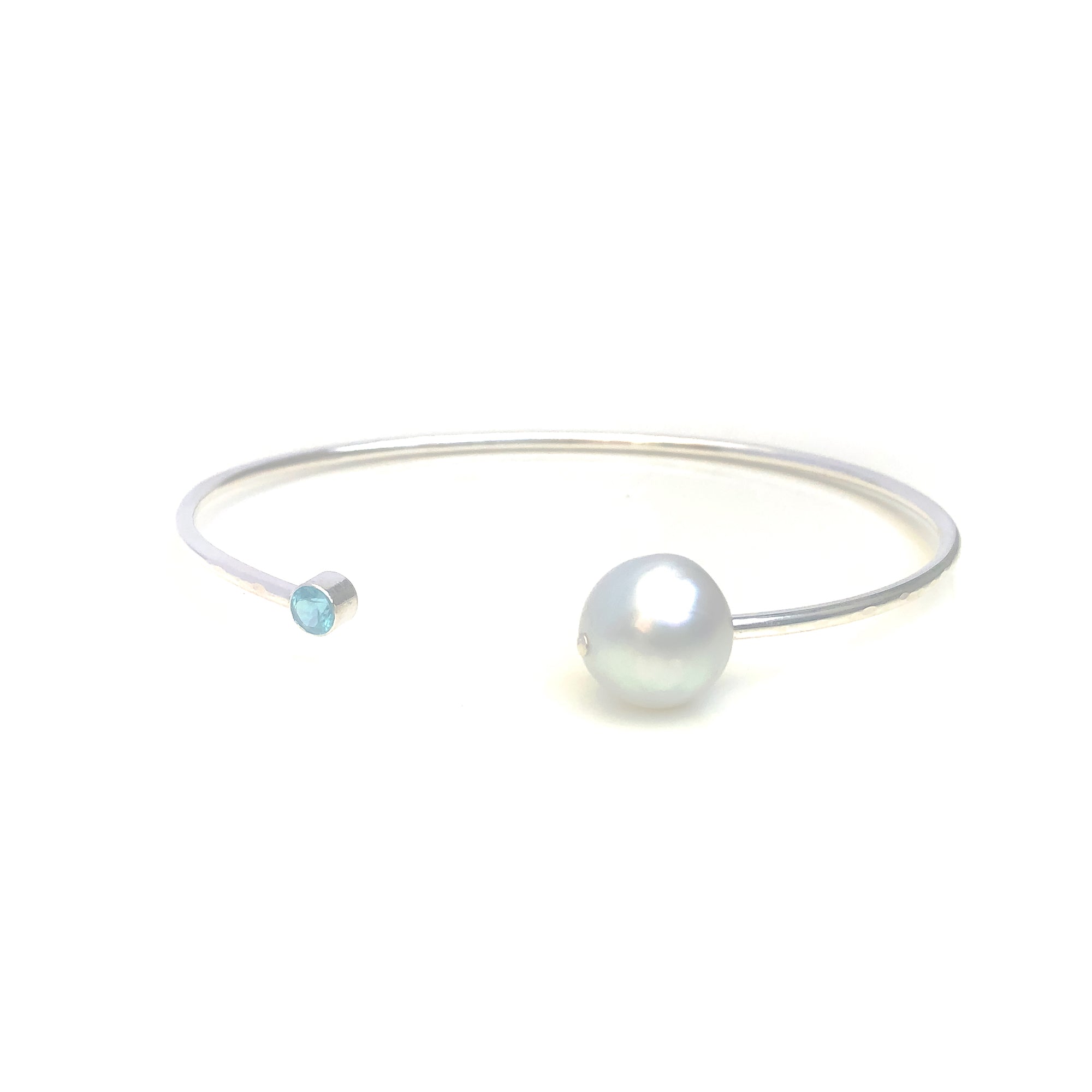 White Pearl Open Cuff With Gemstone In Sterling Silver
